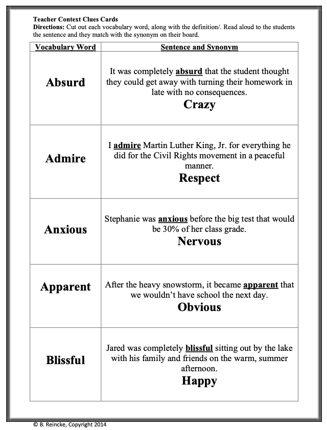 Context Clues Vocabulary Bingo (30 pre-made cards!)