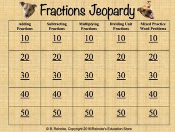 Fractions Jeopardy (Add, Subtract, Multiply, Divide with Unit Fractions)