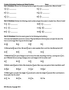 Subtracting Fractions & Mixed Numbers Practice Worksheets