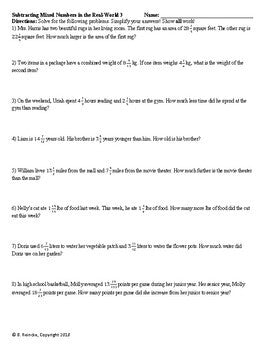 Subtracting Mixed Numbers Word Problems