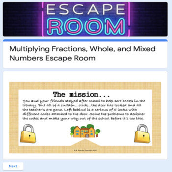 Multiplying Fractions, Whole, and Mixed Numbers Escape Room