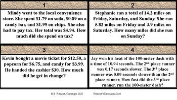 Adding and Subtracting Decimals Multi-Step Word Problem Task Cards