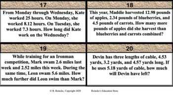 Adding and Subtracting Decimals Multi-Step Word Problem Task Cards