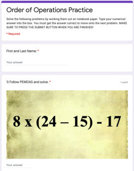 Order of Operations Google Forms