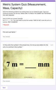 Metric System Google Forms (Measurement, Capacity, Mass)