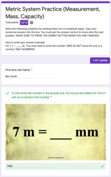 Metric System Google Forms (Measurement, Capacity, Mass)