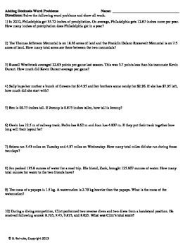 Adding and Subtracting Decimals Worksheets